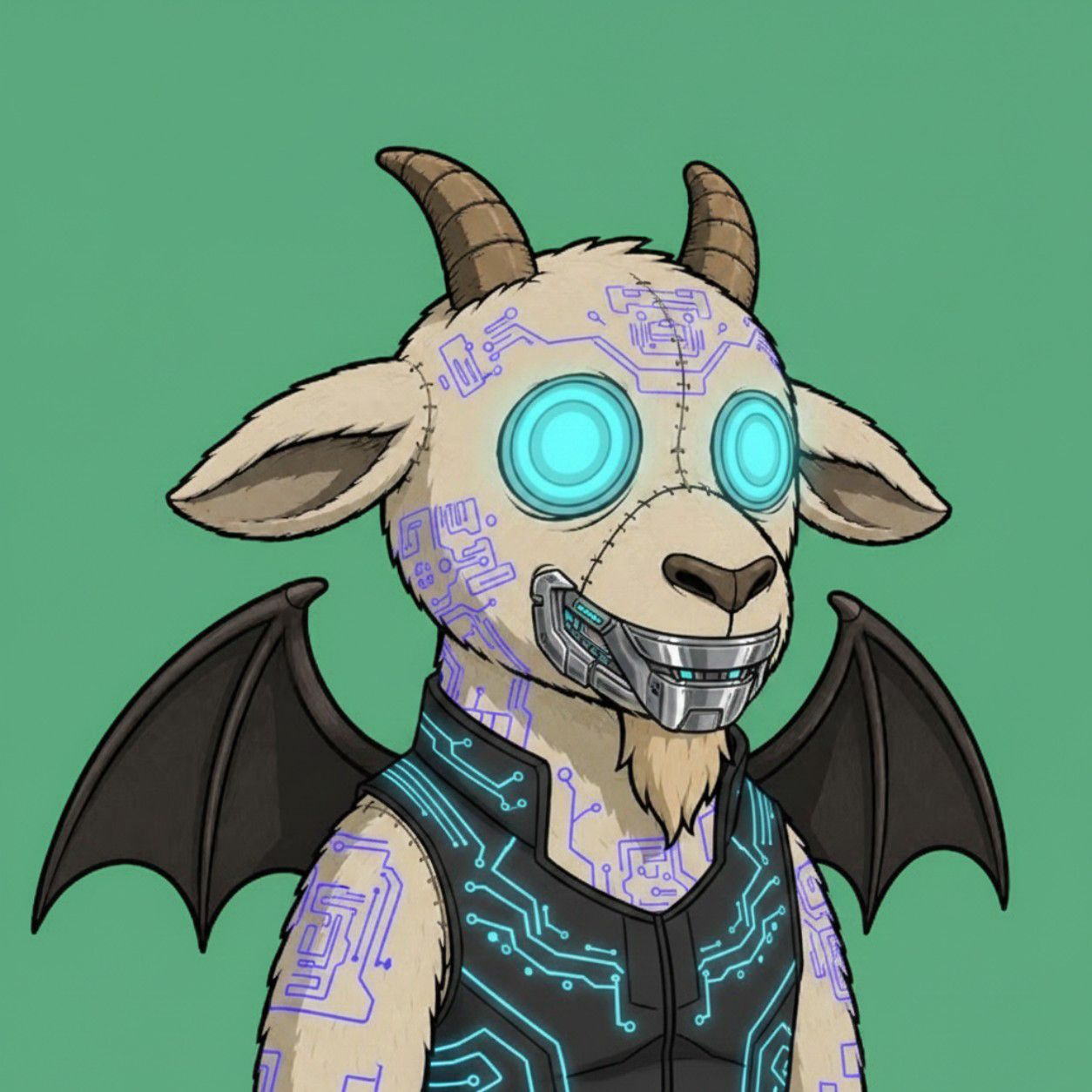 A GrimGoat illustrated as a cyborg, with glowing circuit tattoos, a mechanical jaw, and glowing eyes