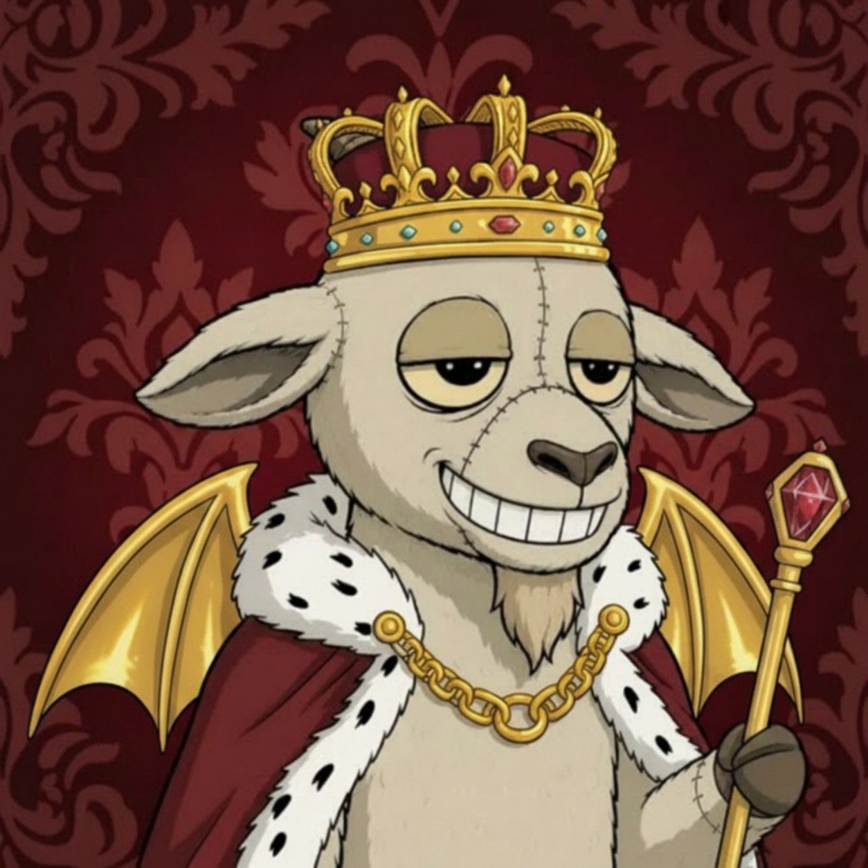 A GrimGoat illustrated as a king, wearing a gold crown and ermine-trimmed robe, holding a jeweled scepter