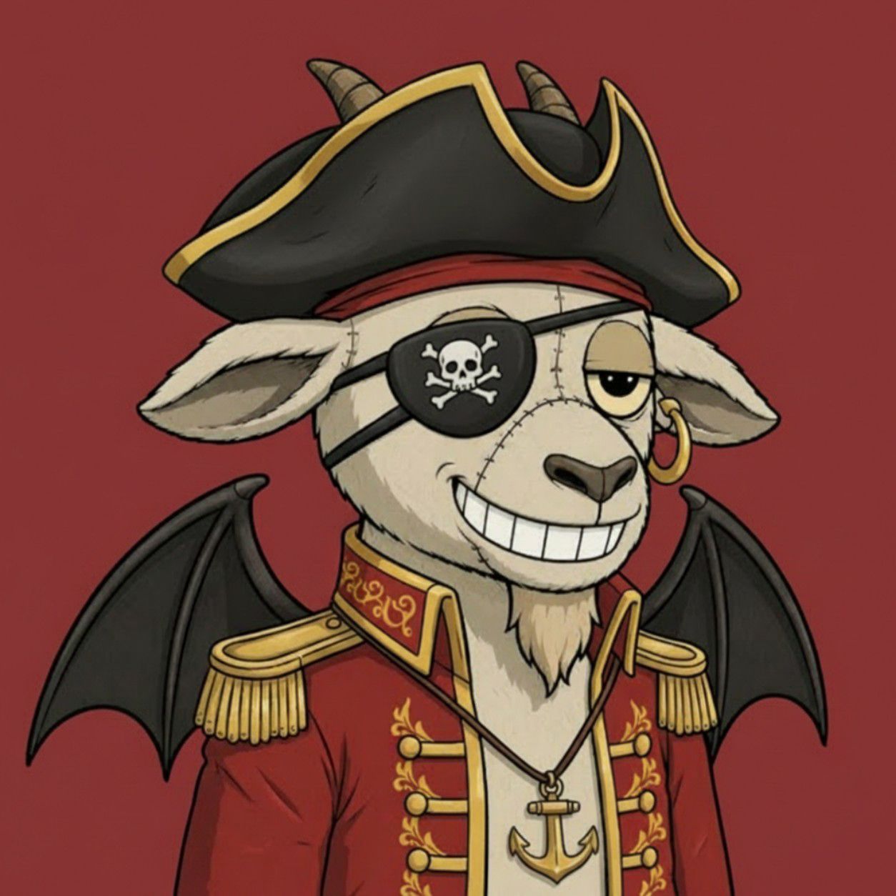 A GrimGoat illustrated as a pirate captain, wearing a tricorn hat, skull eyepatch, and gold-trimmed red coat