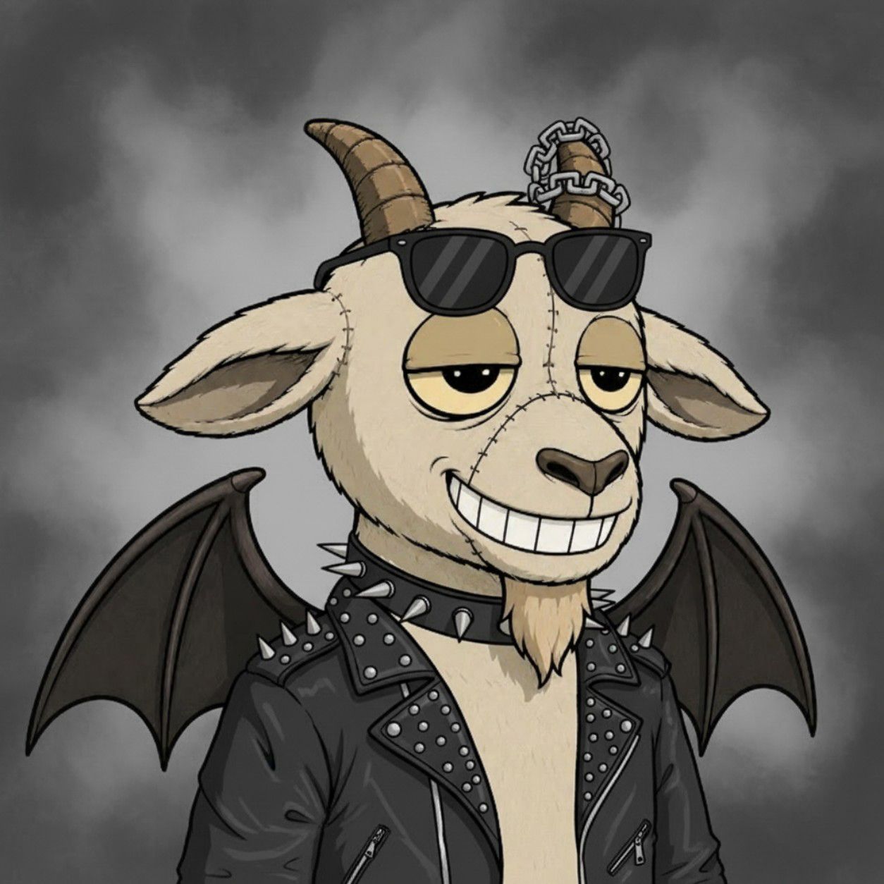 A GrimGoat illustrated in a studded leather jacket and spiked collar, wearing sunglasses, with a chain wrapped around one horn