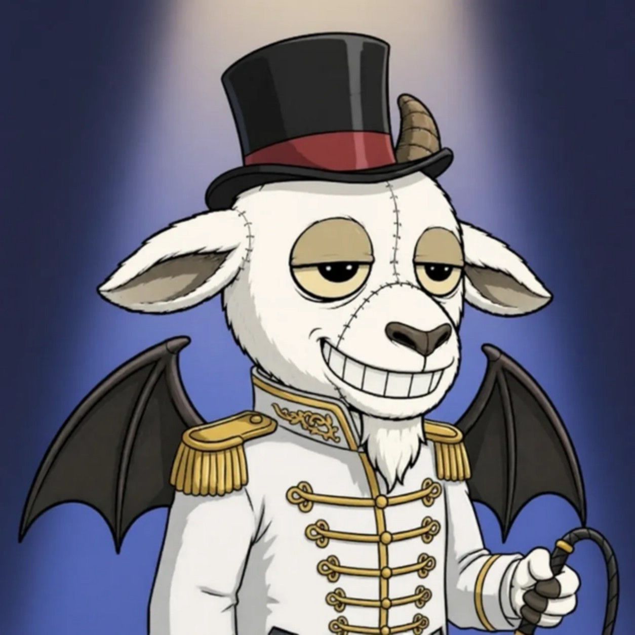 A GrimGoat illustrated as a circus ringmaster, wearing a top hat and gold-braided white coat, holding a whip