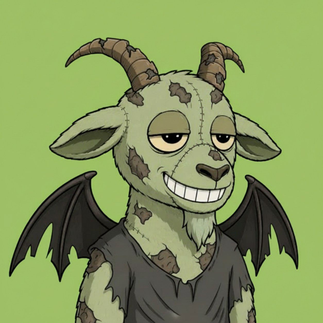 A pale green, hand-stitched goat NFT illustration with curled horns, bat wings, and a wide grin, on a green background